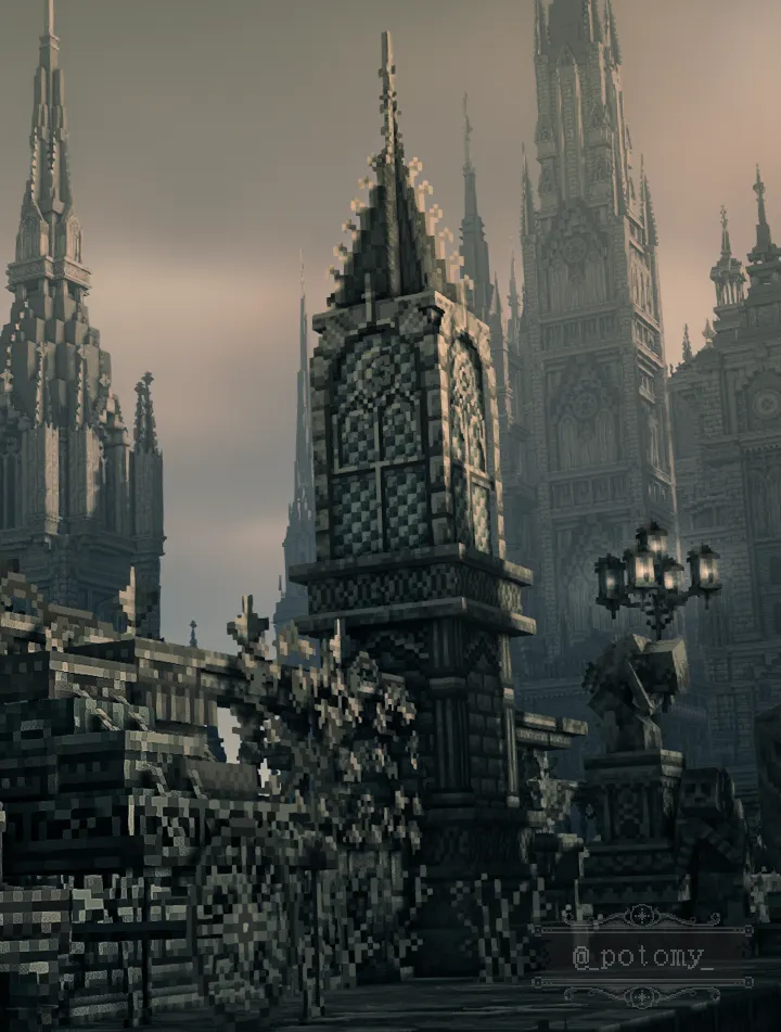 Close up shot in Central Yharnam City...but in Minecraft